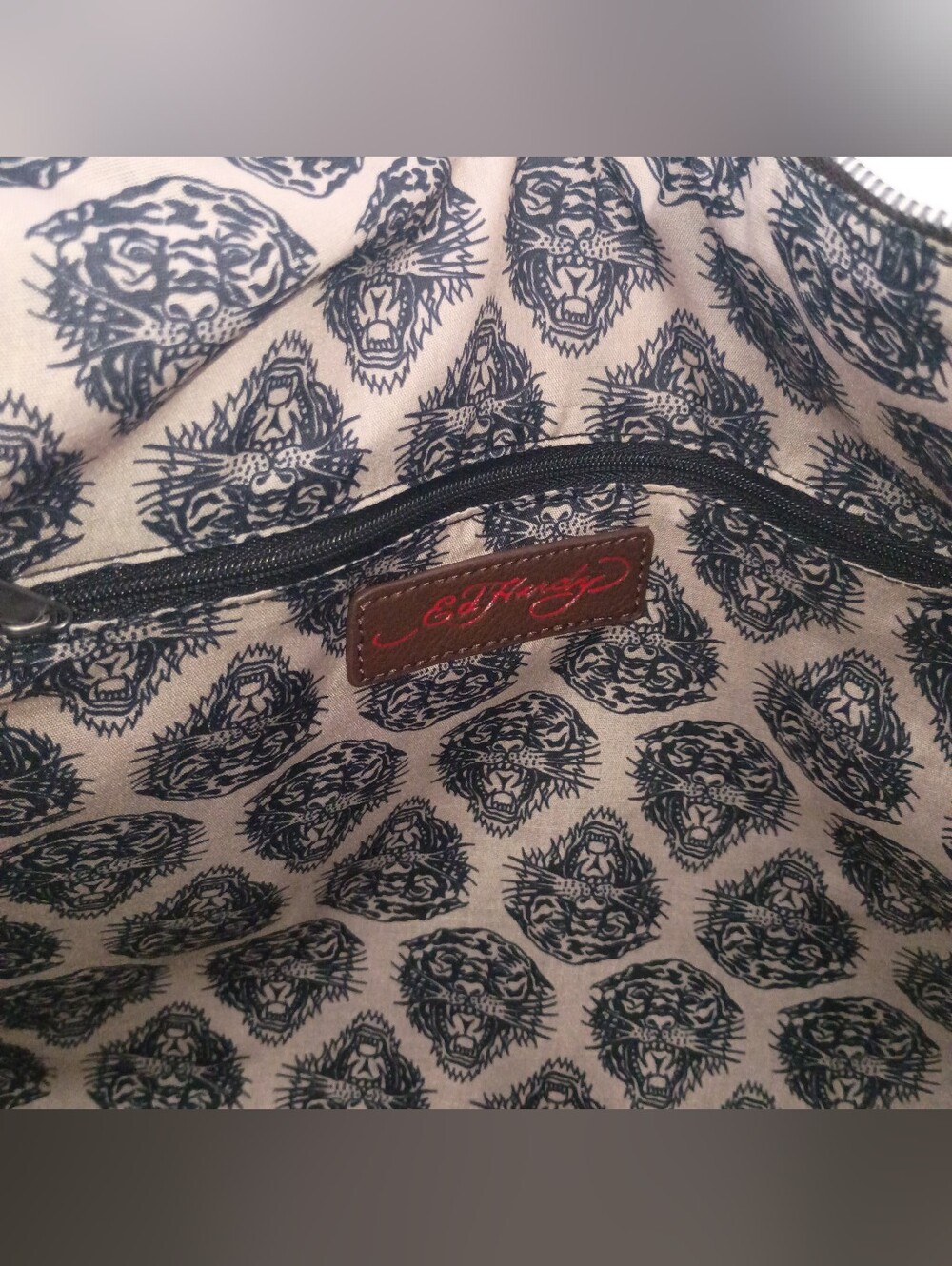Ed Hardy Embellished Denim/Brown Vegan Leather Shoulder Hobo Bag w/Rhinestone - Picture 11 of 11